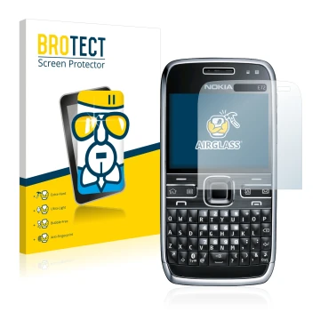 Parte frontale di una confezione del prodotto con il logo del marchio BROTECT. Accanto è raffigurato il dispositivo Nokia E72 