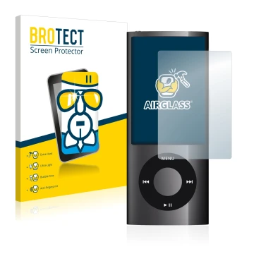 Parte frontale di una confezione del prodotto con il logo del marchio BROTECT. Accanto è raffigurato il dispositivo Apple iPod