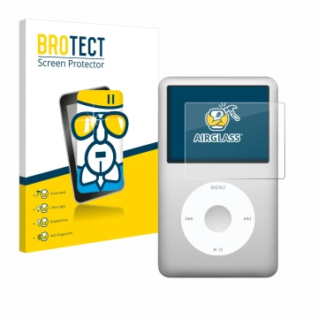 Parte frontale di una confezione del prodotto con il logo del marchio BROTECT. Accanto è raffigurato il dispositivo Apple iPod