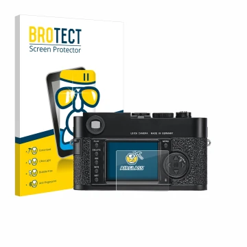 Parte frontale di una confezione del prodotto con il logo del marchio BROTECT. Accanto è raffigurato il dispositivo Leica M9 c