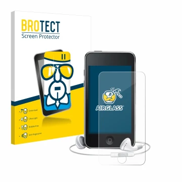 Parte frontale di una confezione del prodotto con il logo del marchio BROTECT. Accanto è raffigurato il dispositivo Apple iPod