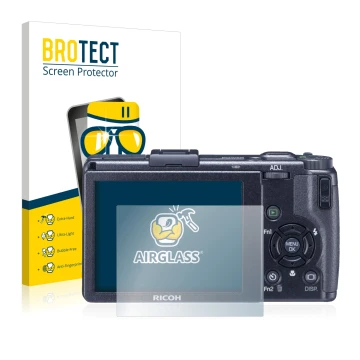 Parte frontale di una confezione del prodotto con il logo del marchio BROTECT. Accanto è raffigurato il dispositivo Ricoh GR D
