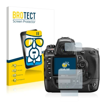 Parte frontale di una confezione del prodotto con il logo del marchio BROTECT. Accanto è raffigurato il dispositivo Nikon D3S 
