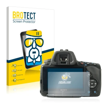 Parte frontale di una confezione del prodotto con il logo del marchio BROTECT. Accanto è raffigurato il dispositivo Sony Alpha