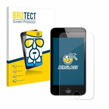 Parte frontale di una confezione del prodotto con il logo del marchio BROTECT. Accanto è raffigurato il dispositivo Apple iPod