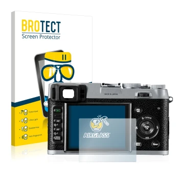 Parte frontale di una confezione del prodotto con il logo del marchio BROTECT. Accanto è raffigurato il dispositivo Fujifilm F