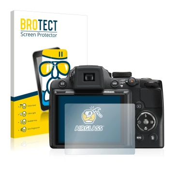 Parte frontale di una confezione del prodotto con il logo del marchio BROTECT. Accanto è raffigurato il dispositivo Nikon Cool