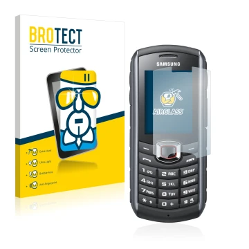 Parte frontale di una confezione del prodotto con il logo del marchio BROTECT. Accanto è raffigurato il dispositivo Samsung GT