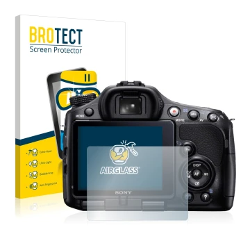 Parte frontale di una confezione del prodotto con il logo del marchio BROTECT. Accanto è raffigurato il dispositivo Sony Alpha