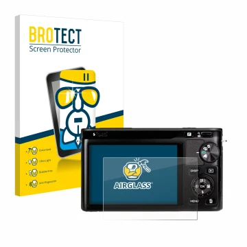 Parte frontale di una confezione del prodotto con il logo del marchio BROTECT. Accanto è raffigurato il dispositivo Nikon 1 J1