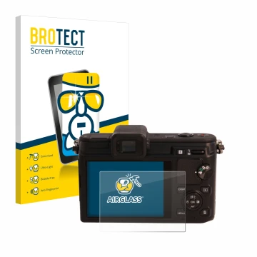 Parte frontale di una confezione del prodotto con il logo del marchio BROTECT. Accanto è raffigurato il dispositivo Nikon 1 V1