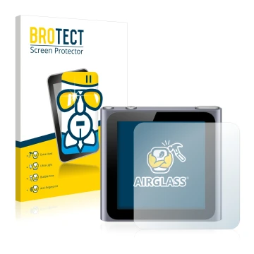 Parte frontale di una confezione del prodotto con il logo del marchio BROTECT. Accanto è raffigurato il dispositivo Apple iPod