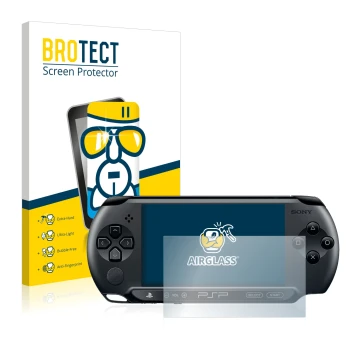Parte frontale di una confezione del prodotto con il logo del marchio BROTECT. Accanto è raffigurato il dispositivo Sony PSP S