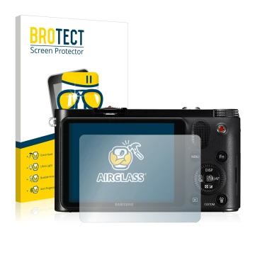 Parte frontale di una confezione del prodotto con il logo del marchio BROTECT. Accanto è raffigurato il dispositivo Samsung NX