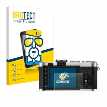 Parte frontale di una confezione del prodotto con il logo del marchio BROTECT. Accanto è raffigurato il dispositivo Leica X2 c