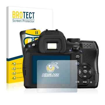 Parte frontale di una confezione del prodotto con il logo del marchio BROTECT. Accanto è raffigurato il dispositivo Pentax K-3