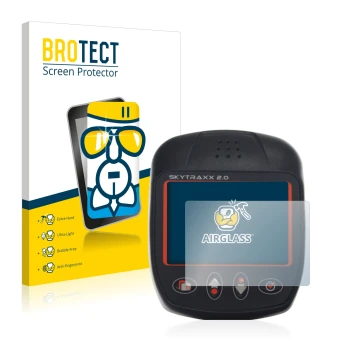 Parte frontale di una confezione del prodotto con il logo del marchio BROTECT. Accanto è raffigurato il dispositivo Skytraxx 2