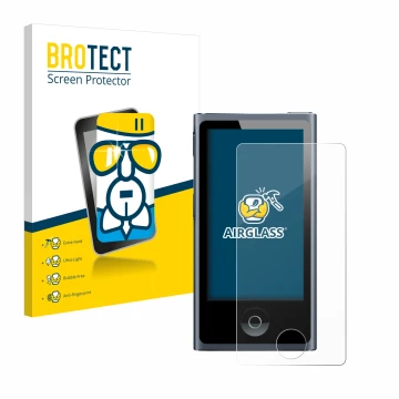 Parte frontale di una confezione del prodotto con il logo del marchio BROTECT. Accanto è raffigurato il dispositivo Apple iPod