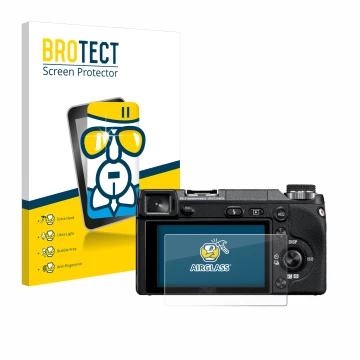 Parte frontale di una confezione del prodotto con il logo del marchio BROTECT. Accanto è raffigurato il dispositivo Sony Alpha