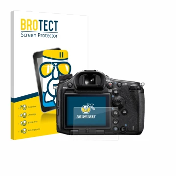 Parte frontale di una confezione del prodotto con il logo del marchio BROTECT. Accanto è raffigurato il dispositivo Sony Alpha