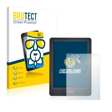 Parte frontale di una confezione del prodotto con il logo del marchio BROTECT. Accanto è raffigurato il dispositivo Kobo Glo c