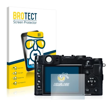 Parte frontale di una confezione del prodotto con il logo del marchio BROTECT. Accanto è raffigurato il dispositivo Fujifilm X