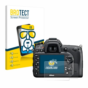 Parte frontale di una confezione del prodotto con il logo del marchio BROTECT. Accanto è raffigurato il dispositivo Nikon D710