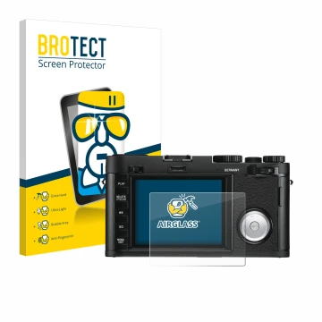 Parte frontale di una confezione del prodotto con il logo del marchio BROTECT. Accanto è raffigurato il dispositivo Leica X Va