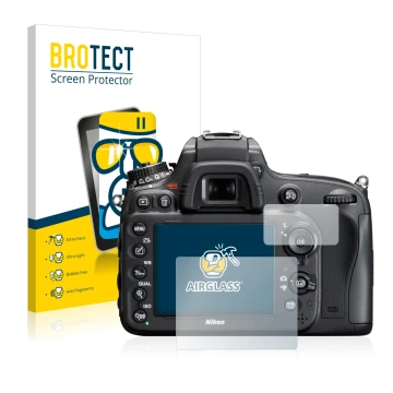 Parte frontale di una confezione del prodotto con il logo del marchio BROTECT. Accanto è raffigurato il dispositivo Nikon D610