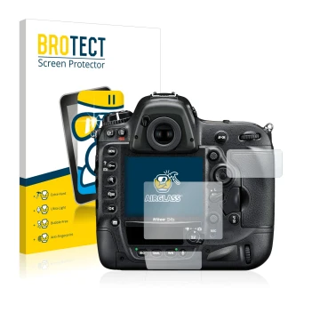 Parte frontale di una confezione del prodotto con il logo del marchio BROTECT. Accanto è raffigurato il dispositivo Nikon D4S 