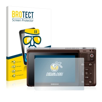 Parte frontale di una confezione del prodotto con il logo del marchio BROTECT. Accanto è raffigurato il dispositivo Samsung NX