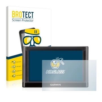 Parte frontale di una confezione del prodotto con il logo del marchio BROTECT. Accanto è raffigurato il dispositivo Garmin nüv