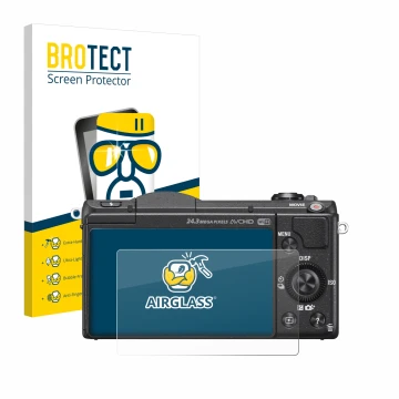 Parte frontale di una confezione del prodotto con il logo del marchio BROTECT. Accanto è raffigurato il dispositivo Sony Alpha