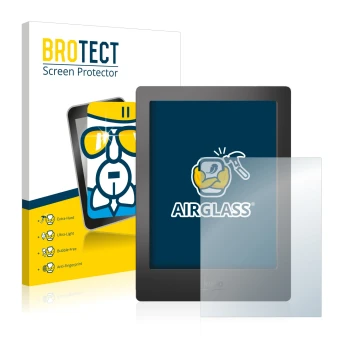 Parte frontale di una confezione del prodotto con il logo del marchio BROTECT. Accanto è raffigurato il dispositivo Kobo Aura 