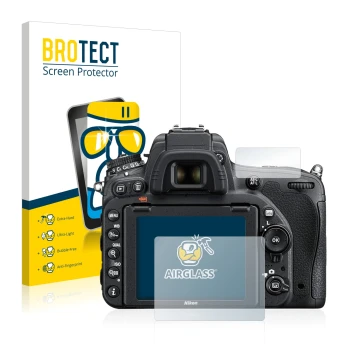 Parte frontale di una confezione del prodotto con il logo del marchio BROTECT. Accanto è raffigurato il dispositivo Nikon D750