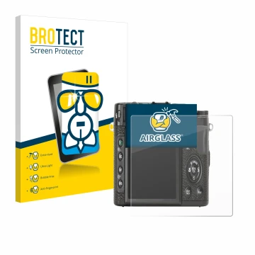 Parte frontale di una confezione del prodotto con il logo del marchio BROTECT. Accanto è raffigurato il dispositivo Fujifilm X