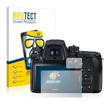 Parte frontale di una confezione del prodotto con il logo del marchio BROTECT. Accanto è raffigurato il dispositivo Samsung NX