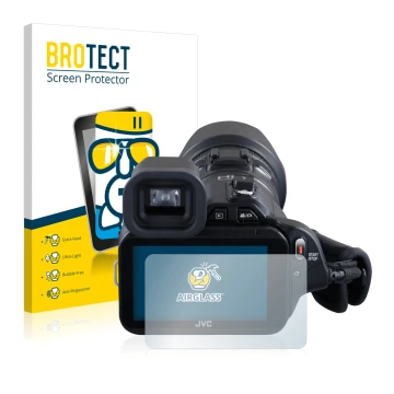 Parte frontale di una confezione del prodotto con il logo del marchio BROTECT. Accanto è raffigurato il dispositivo JVC GC-PX1