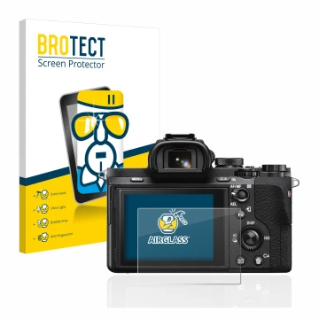 Parte frontale di una confezione del prodotto con il logo del marchio BROTECT. Accanto è raffigurato il dispositivo Sony Alpha