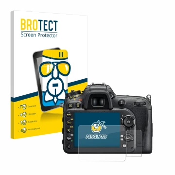 Parte frontale di una confezione del prodotto con il logo del marchio BROTECT. Accanto è raffigurato il dispositivo Nikon D720