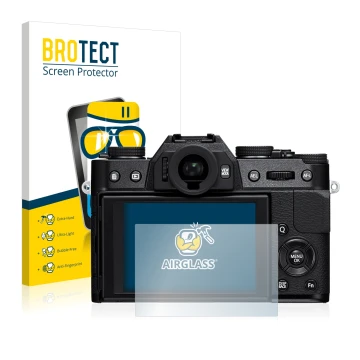 Parte frontale di una confezione del prodotto con il logo del marchio BROTECT. Accanto è raffigurato il dispositivo Fujifilm X