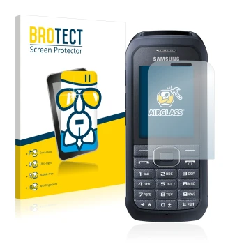 Parte frontale di una confezione del prodotto con il logo del marchio BROTECT. Accanto è raffigurato il dispositivo Samsung Xc