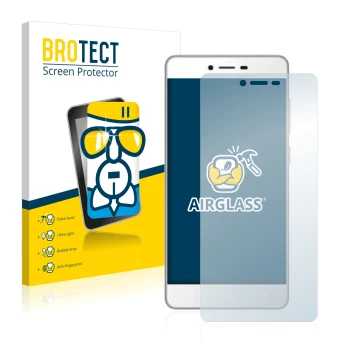 Parte frontale di una confezione del prodotto con il logo del marchio BROTECT. Accanto è raffigurato il dispositivo Gionee F10