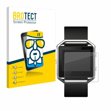 Parte frontale di una confezione del prodotto con il logo del marchio BROTECT. Accanto è raffigurato il dispositivo Fitbit Bla