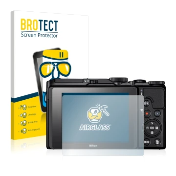 Parte frontale di una confezione del prodotto con il logo del marchio BROTECT. Accanto è raffigurato il dispositivo Nikon Cool