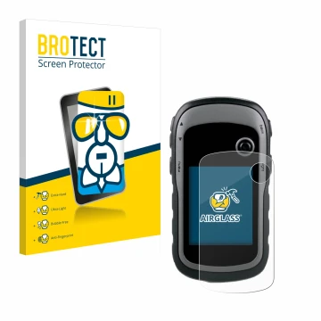 Parte frontale di una confezione del prodotto con il logo del marchio BROTECT. Accanto è raffigurato il dispositivo Garmin eTr