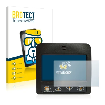Parte frontale di una confezione del prodotto con il logo del marchio BROTECT. Accanto è raffigurato il dispositivo Skytraxx 3
