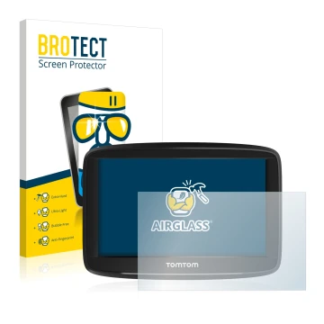 Parte frontale di una confezione del prodotto con il logo del marchio BROTECT. Accanto è raffigurato il dispositivo TomTom Sta