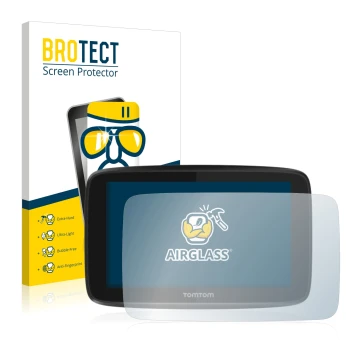 Parte frontale di una confezione del prodotto con il logo del marchio BROTECT. Accanto è raffigurato il dispositivo TomTom GO 