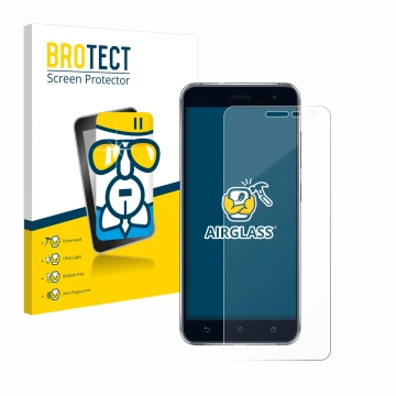Parte frontale di una confezione del prodotto con il logo del marchio BROTECT. Accanto è raffigurato il dispositivo ASUS ZenFo